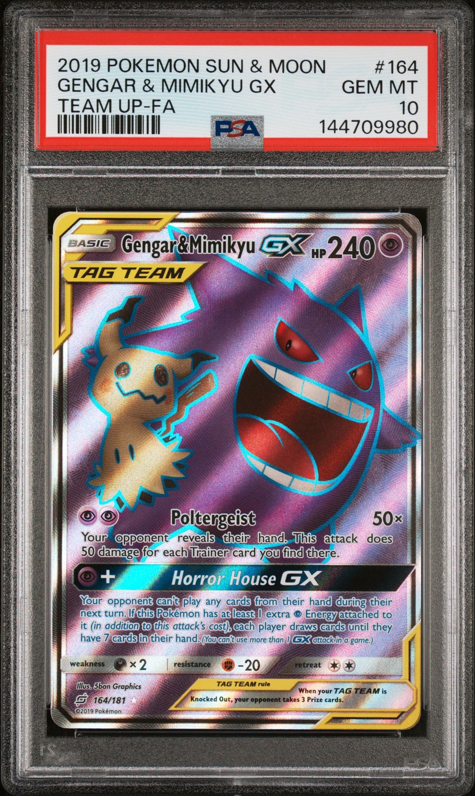 2019 POKEMON SUN & MOON TEAM UP #164 FULL ART/GENGAR & MIMIKYU GX PSA 10