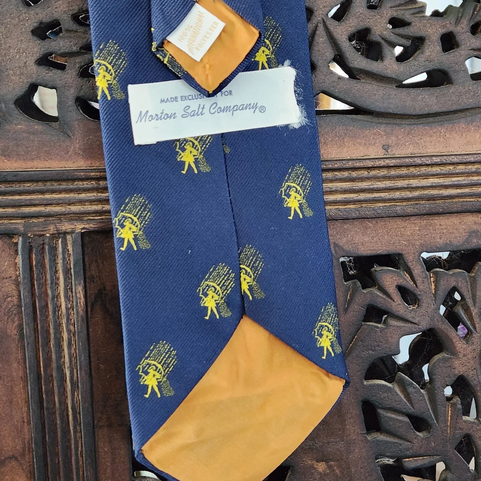 Corbata Morton's Salt azul marino logotipo de empresa vintage amarilla niña poder de colección Foto 4 de 4
