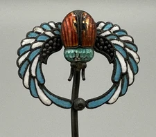 Antique ART DECO Egyptian Revival STERLING Enamel Scarab HATPIN Hat Pin Beetle