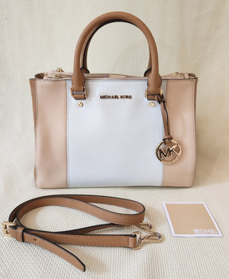 Michael Kors Sutton Medium Saffiano Leather Satchel Beige White Tan Colorblock