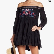 Free People Black Off-Shoulder Mini Dress with Floral Embroidery