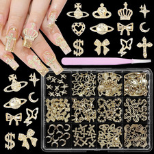 120 Pcs 12Styles 3D Gold Alloy Nail Charms Kit, Dollar Crown Butterfly Metal