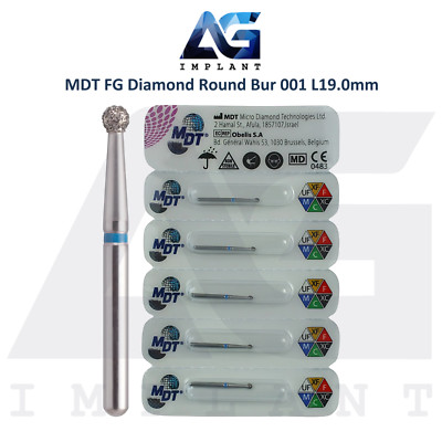 MDT Dental FG Diamond Coated Round Bur 001 L19.0mm Smooth Material Removal