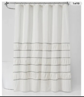 Threshold 064-18-4810 Pieced Pleated Embroidered Shower Curtain White Grey NEW