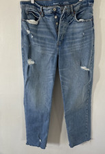 OLD NAVY JEANS SKY HI STRAIGHT CROPPED HI RISE WOMEN'S SIZE 14 BUTTON FLY RIPPED