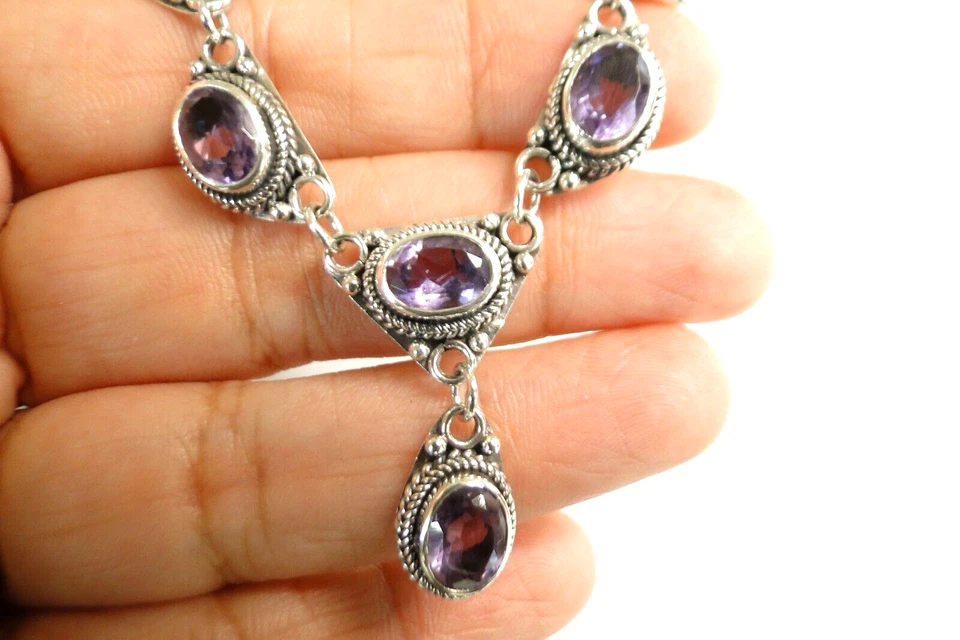 Collar de cadena con gota en Y de plata de ley 925 amatista púrpura de 17 pulgadas Foto 4 de 4