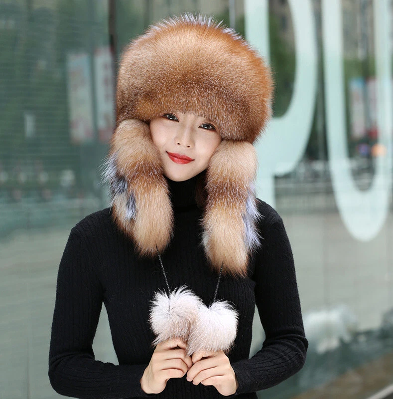 Womens Black Fox Fur Trapper Hat with Pom Poms at Fur Hat World