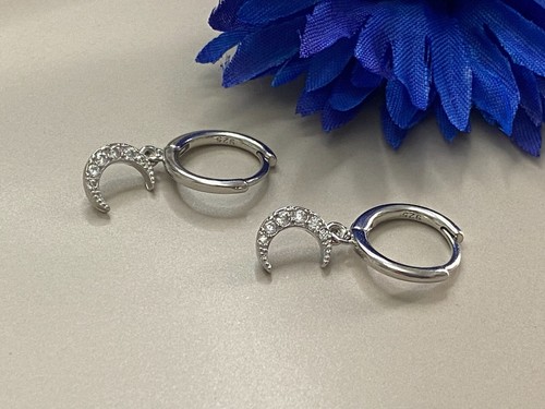 Small Star / Crescent Moon CZ Pendant Huggie Hoop Earrings in 925 Silver ·A197 - Picture 8 of 13