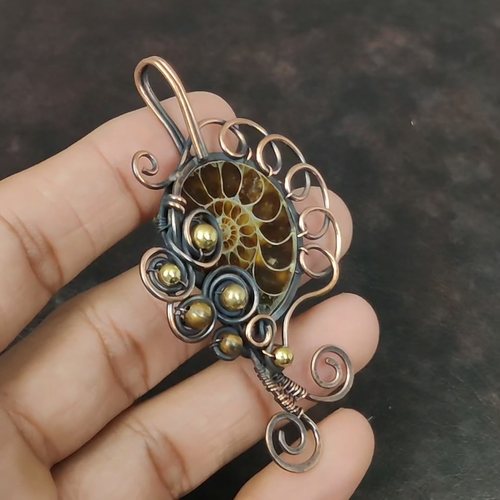 Ammonite Fossil Wire Wrapped Pendant Handcrafted Copper Unique Gift 3.23" - Video 1 of 1