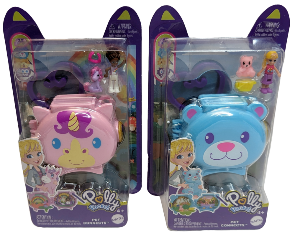 2x Polly Pocket Pet Connects Animal Mini Case Sets (2021): Unicorn & Bear