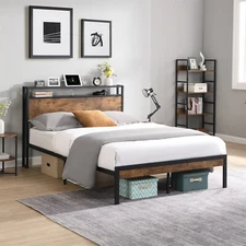 Full/Queen/King Size Metal Platform Bed Frame with Wooden Headboard an USB LINER