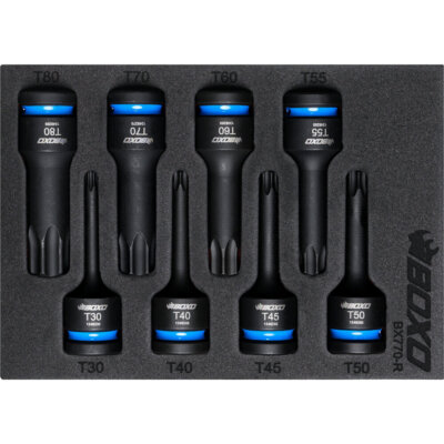 Schlagschrauber Steckschlüsselsatz Boxo 1/2 Zoll Antrieb Torx Bit 75 mm Höhe 8 Stck. farbcodiert BX770-R
