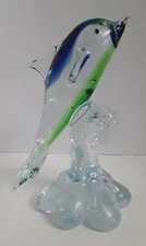 Blue-Green Hand Blown Glass Dolphin Figurine
