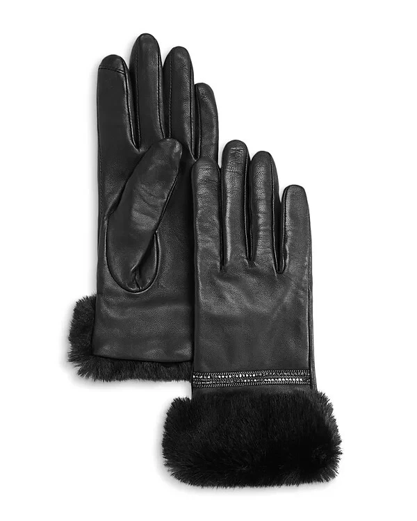 AQUA Faux Fur Cuff Leather Gloves, Black, Medium, NWT