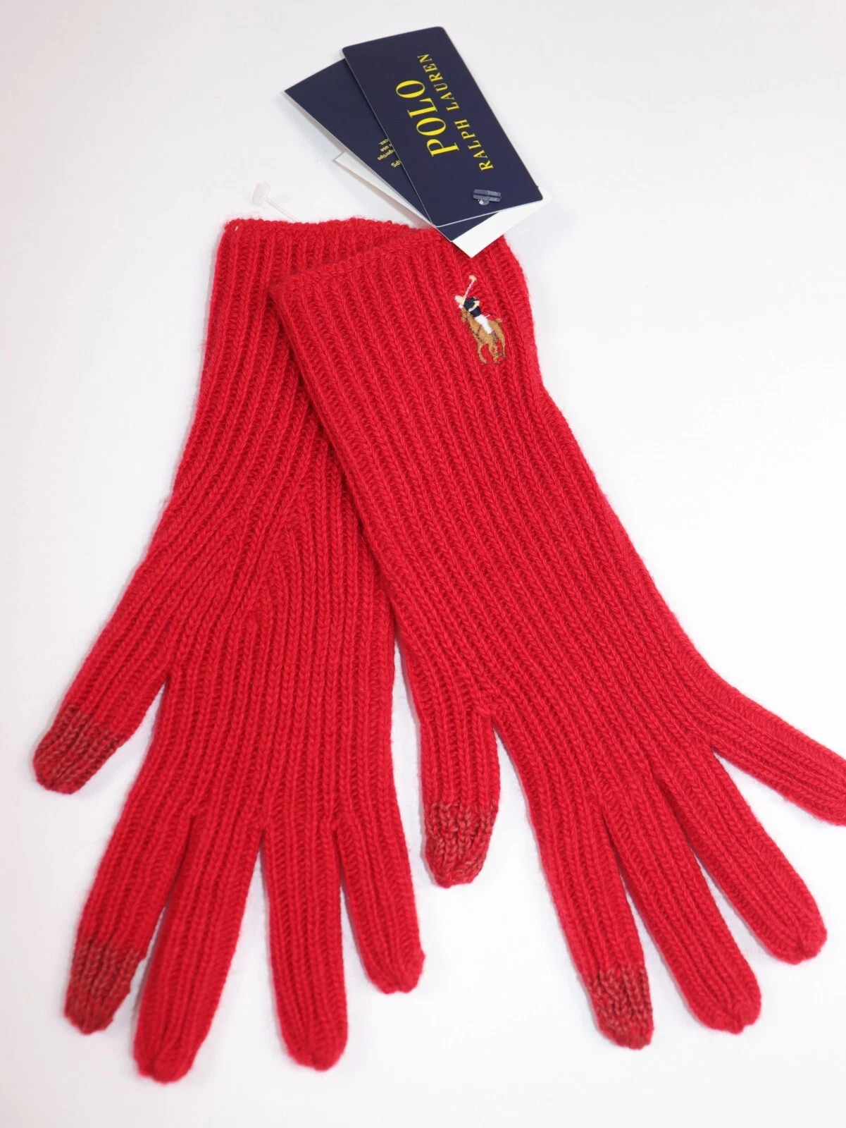 NEW RALPH LAUREN Women's Gloves Red Wool Knit Blend TOUCH COMPATIBLE OS