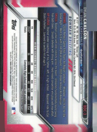 Dylan Carlson 2016 Bowman Draft #BDC-3 Chrome St. Louis Cardinals - Picture 2 of 2