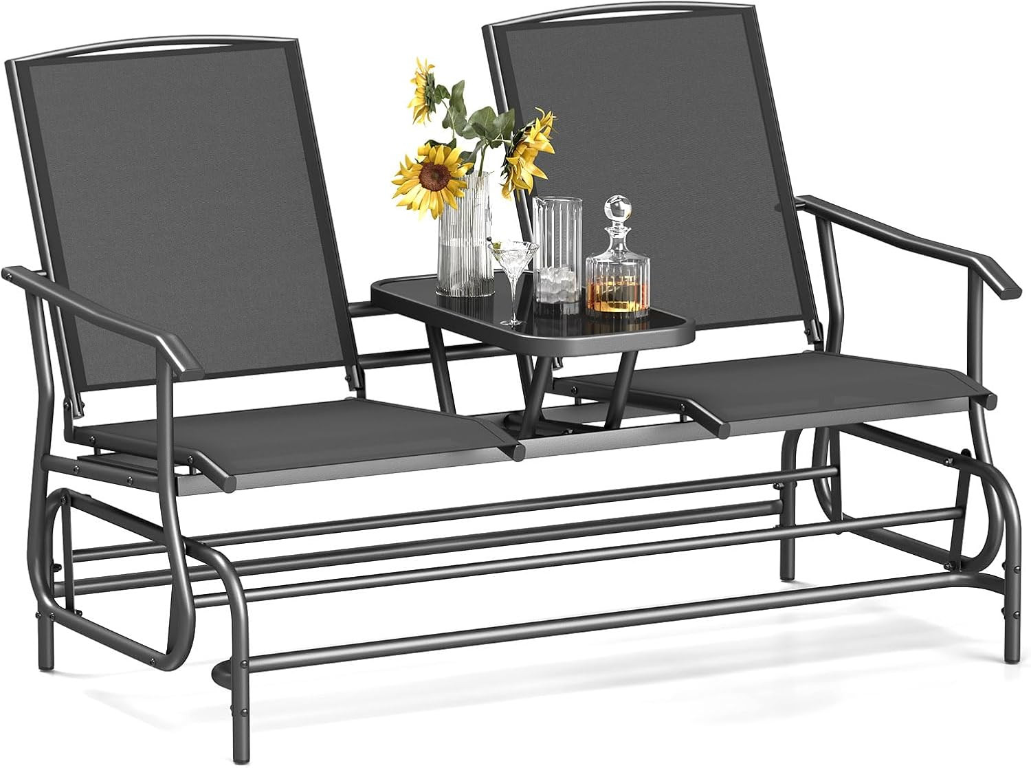 2 Person Swing Glider Chair, Patio Rocking Loveseat W/Center Tempered Glass Tabl