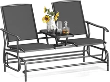 2 Person Swing Glider Chair, Patio Rocking Loveseat W/Center Tempered Glass Tabl