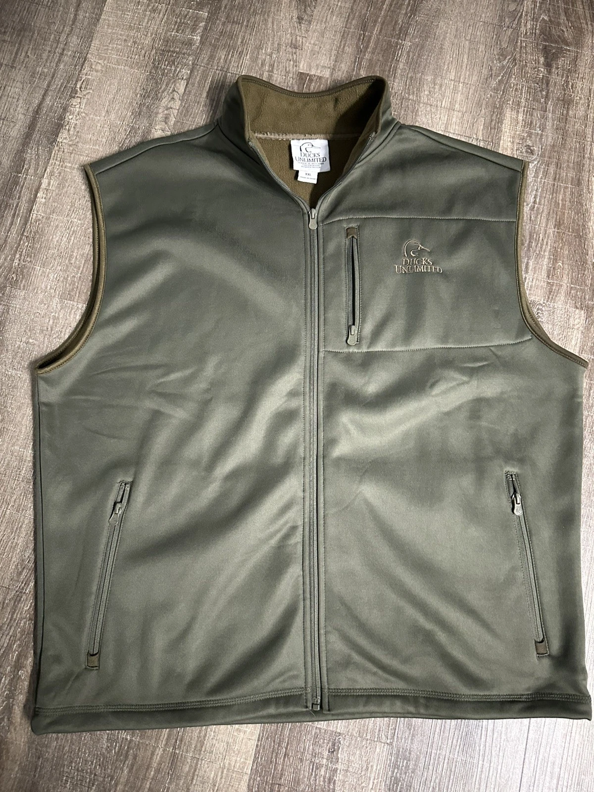 Ducks Unlimited Vest Mens XXL Green Softshell Fleece Lined Full Zip Hunting