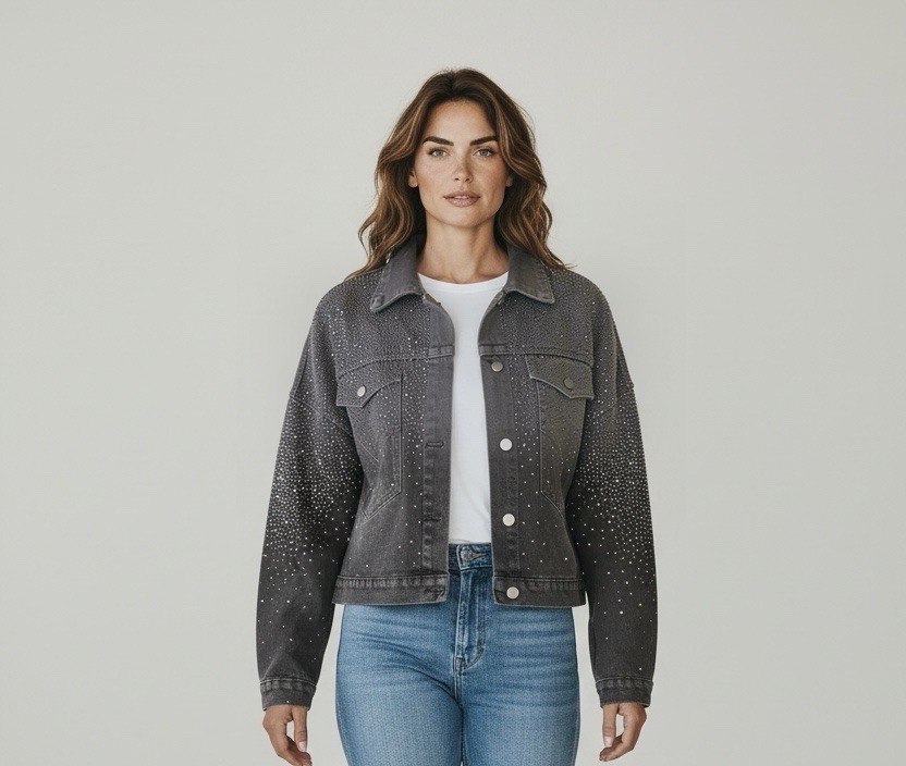 Women’s Black Denim Jacket Button Front Collared Long Sleeve Pockets Short