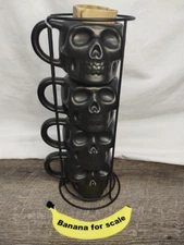 Skull Skeleton Gothic Punk Witchy Black Ceramic Coffee Mug Set Of 4 With Holder 