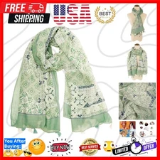 Oversized Floral Printed Boho Scarf - Lightweight 70x35 Inches Fringed Shawl