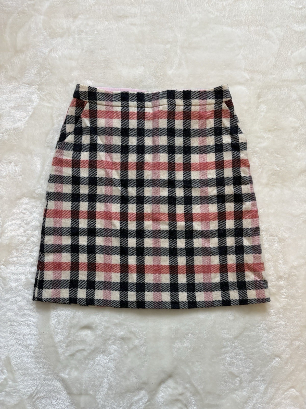 Boden British Tweed Wool Check Skirt 12 Long Navy Red Pink Cream