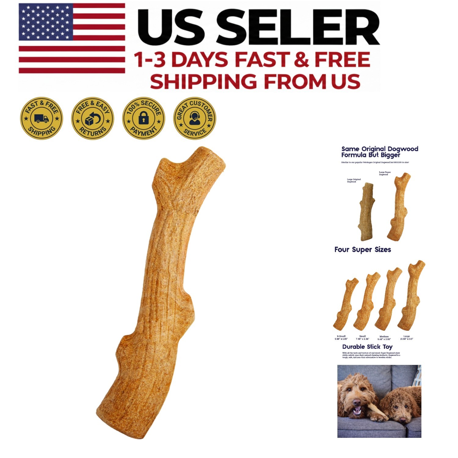 Durable Dogwood Chew Stick for Dogs - Real Wood Safe Branch Toy Made in USA