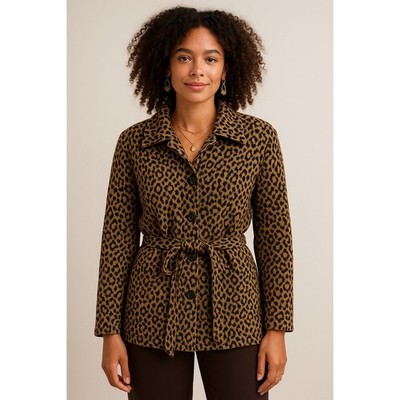 Carole Little Leopard Print Belted Jacket Women XL Tan Black Animal Pattern