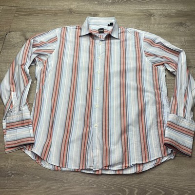 BOSS Hugo Boss Shirt Mens XXL Blue Orange Striped Long Sleeve French Cuff Cotton