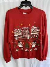 Vintage Christmas Snowman Village Snow Winter Red Crewneck Sweatshirt Large