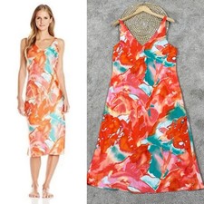 Natori Women  s Satin Orange Flower Mist Camisole Night-Gown Midi Slip Dress L