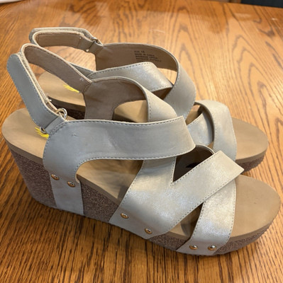 Volatile Women s Gray Strappy Wedge Sandals Open Toe Hook & Loop US 10