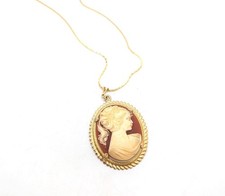 Vintage Large Cameo Pink Silhouette Woman Necklace Long Layering Costume Jewelry