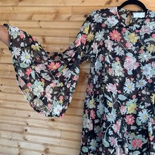 Asos Bell Sleeve Mini Skater Dress Black Peach, Green Flowers Women's Size 4