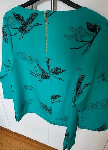 Impresionante Blusa Inteligente Biba Verde Turquesa y Negro Grúa Talla 14 - Imagen 4 de 7