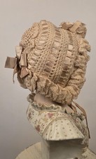 VICTORIAN 19TH C HAND KNIT BONNET W SILK RIBBON WEAVE