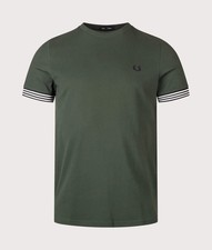 FRED PERRY STRIPED CUFF PIQUE COTTON T-SHIRT COURT GREEN LARGE RRP £60 BNWT