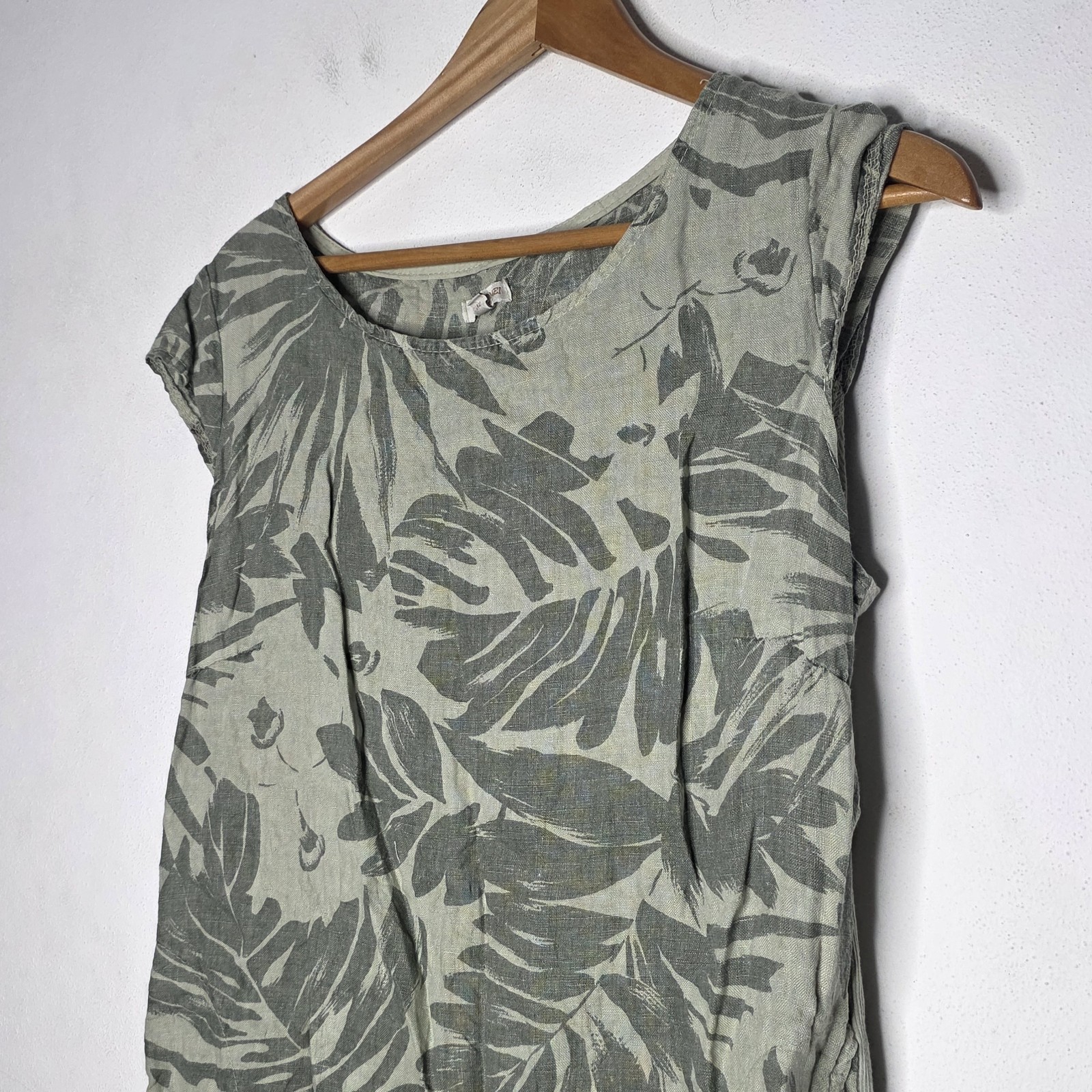Lina Tomei Green Leaf Pattern 100% Linen Dress Women's Size XL