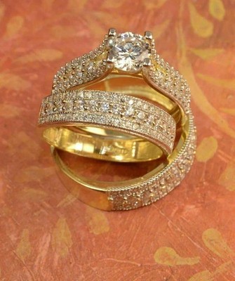 2Ct Round Cut Lab-Created Diamond His & Her Trio Ring Set 14K Yellow Gold Plated