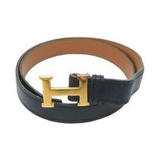 Auth HERMES Dark Blue Brown Reversible Leather Gold H Buckle Constance Belt