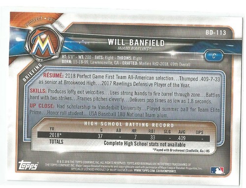 Tarjeta Will Banfield Miami Marlins 2018 Bowman Draft 1st Bowman - Imagen 3 de 3