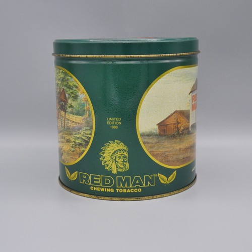 Vintage '88 Red Man Tobacco Tin Metal Lid Litho Ad Scenic Country Bridge Barn 6" - Picture 5 of 16
