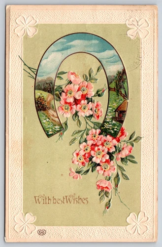 Greetings~Best Wishes~Horseshoe Inset Country Scene~Pink Flowers~EAS PM 1912 PC