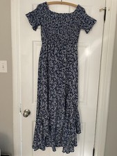 Lulus Blue Floral Chiffon Smocked Bodice Hi Low Hem Dress Size Large