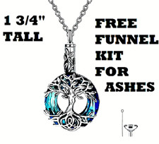 TREE OF LIFE URN ASHES CREMATION BLUE CZ pendant on 925 Plated Silver 22" Chain