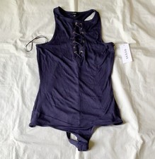 NWT Womens Guess Ribbed Racerback Lace-Up Center Sleeveless Bodysuit Blue SZ L