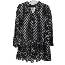 PPLA Womens Black Floral Short Tiered Ruffled Long Sleeve Tunic Dress Size M