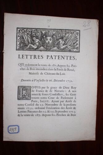 ✒ CHATEAU DU LOIR Forêt de Bercé Sarthe Lettres patentes 1733 vente bois brulés - Bild 1 von 1