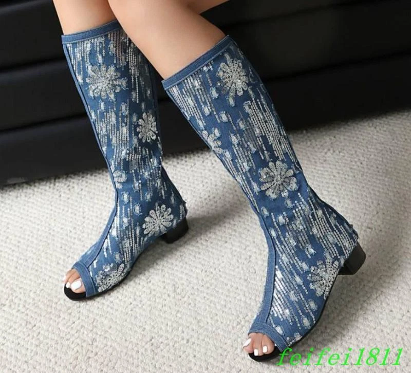 Mujer Vestido Club Botas Hasta la Rodilla Denim Punta abierta Lentejuelas Sandalias Primavera Verano Foto 3 de 4